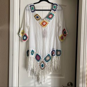 LF beach cover up fringe colorful poncho